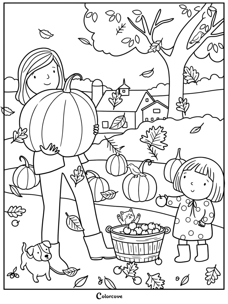 A girl holding a large pumpkin and a younger girl picking apples in a pumpkin patch with a puppy and kitten in this fall coloring page.
