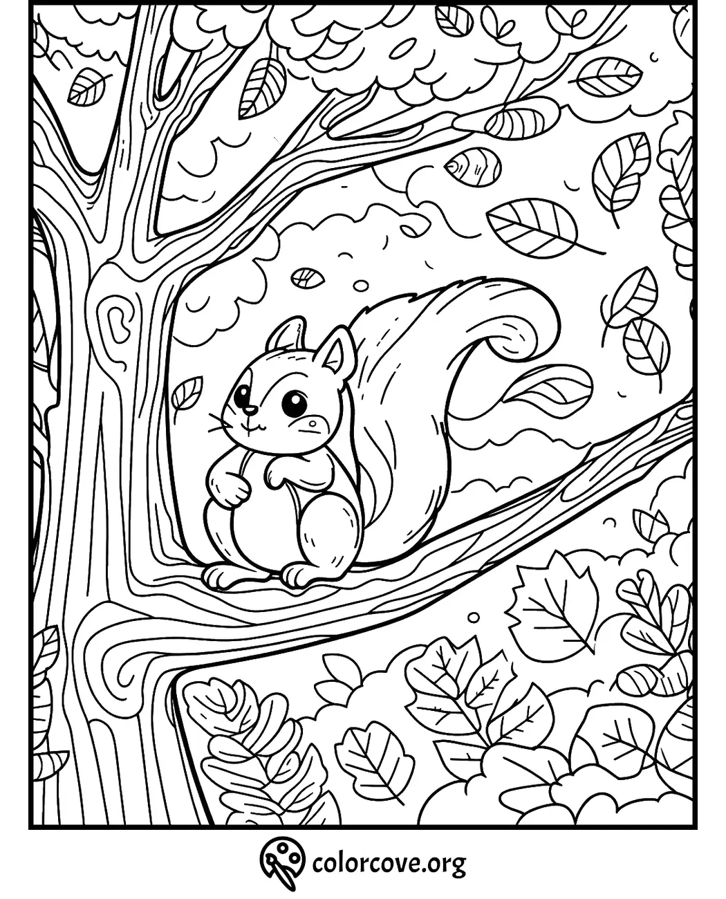 Coloring page of a cute squirrel sitting on a tree branch surrounded by leaves. ColorCove.org on the bottom.