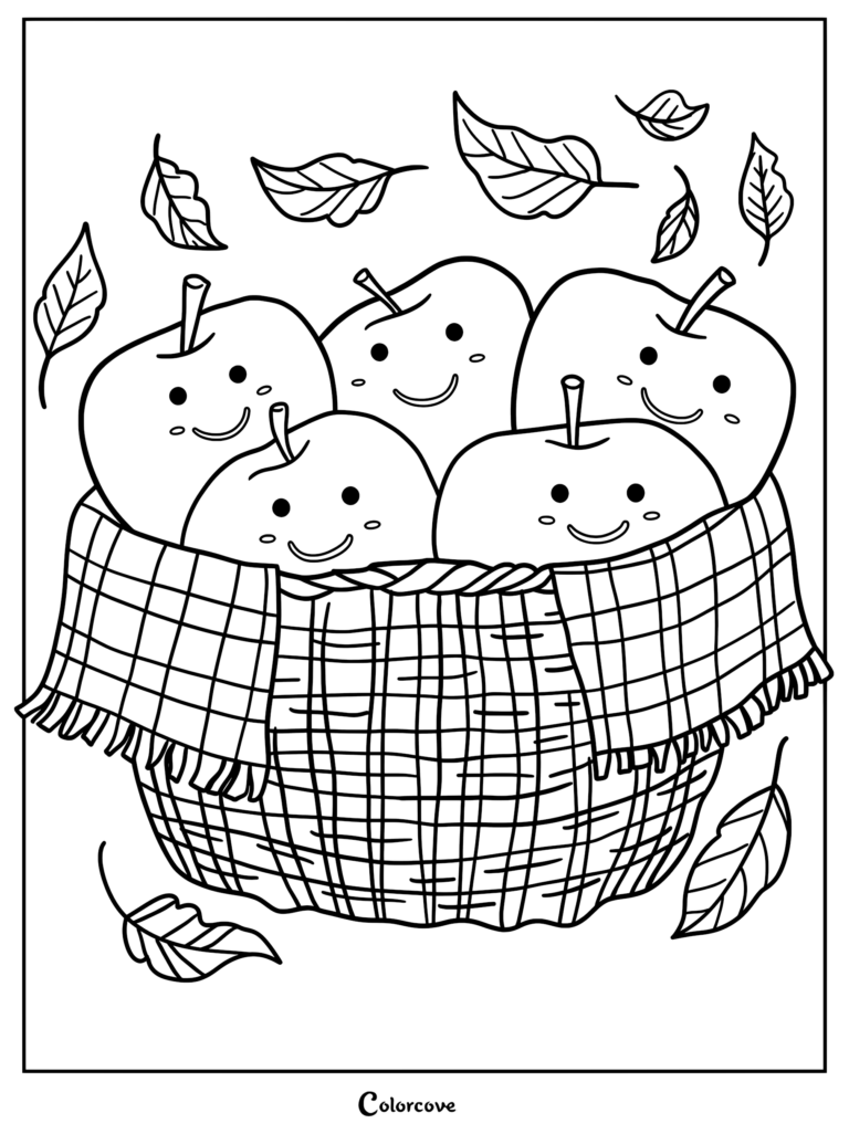 A coloring page featuring five smiling apples inside a plaid-lined wicker basket with falling autumn leaves.