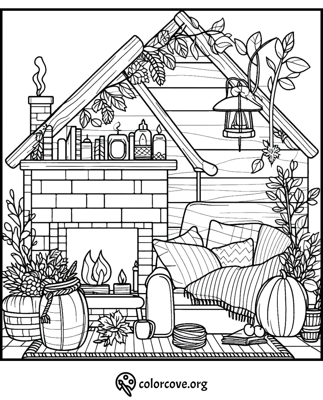 Cozy cabin coloring page with a fireplace, books, plants, pumpkins, pillows, and a lantern. Perfect for autumn relaxation.