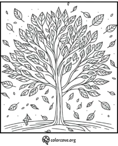 Tree coloring page featuring a detailed tree with many leaves, perfect for relaxation and creativity from colorcove.org.
