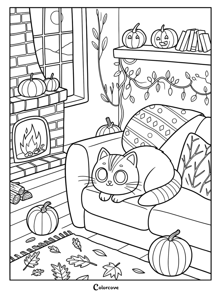 A cute cat resting on a couch in a cozy room with a fireplace, pumpkins, and autumn leaves, printable coloring page.