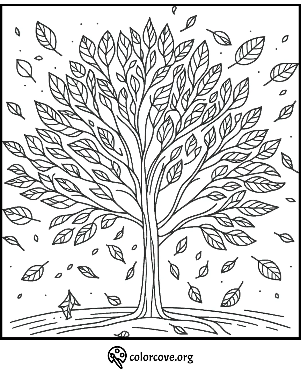 Tree coloring page featuring a detailed tree with many leaves, perfect for relaxation and creativity from colorcove.org.