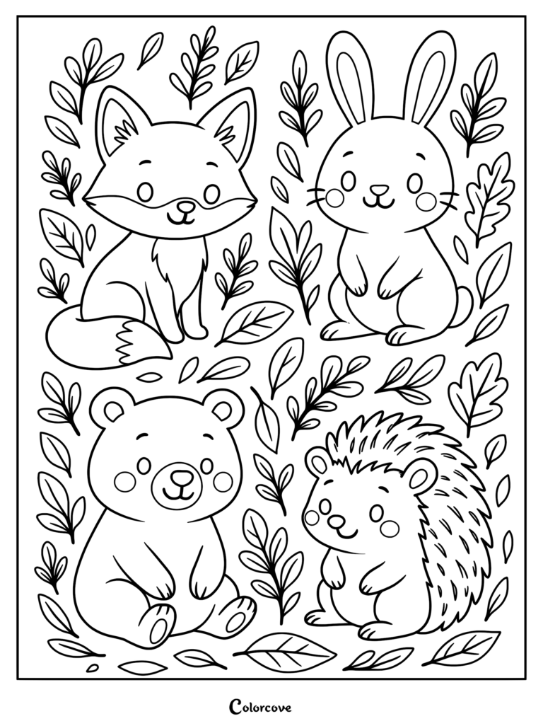 A cute fox, rabbit, bear, and hedgehog surrounded by autumn leaves in this free printable fall coloring page.