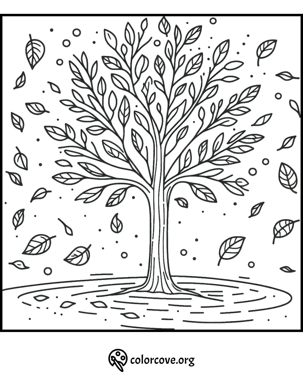 Leafy tree coloring page with falling leaves, spiral ground, and floating bubbles design. Printable at colorcove.org.