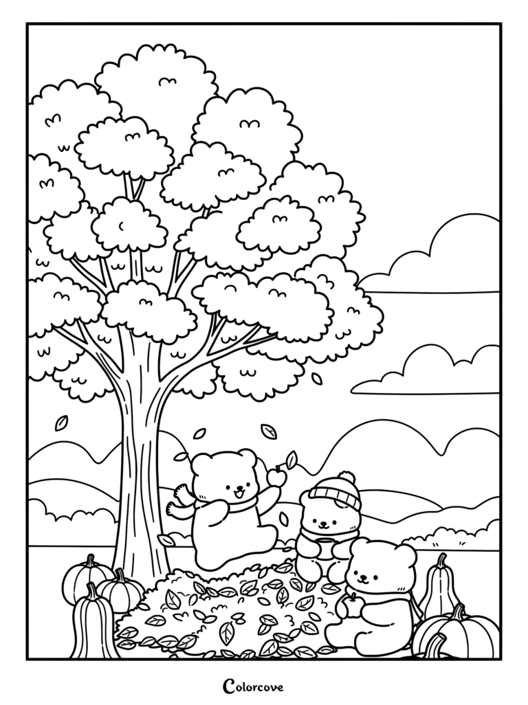 Three cute bears playing in a pile of autumn leaves under a large tree, surrounded by pumpkins in this free printable fall coloring page.