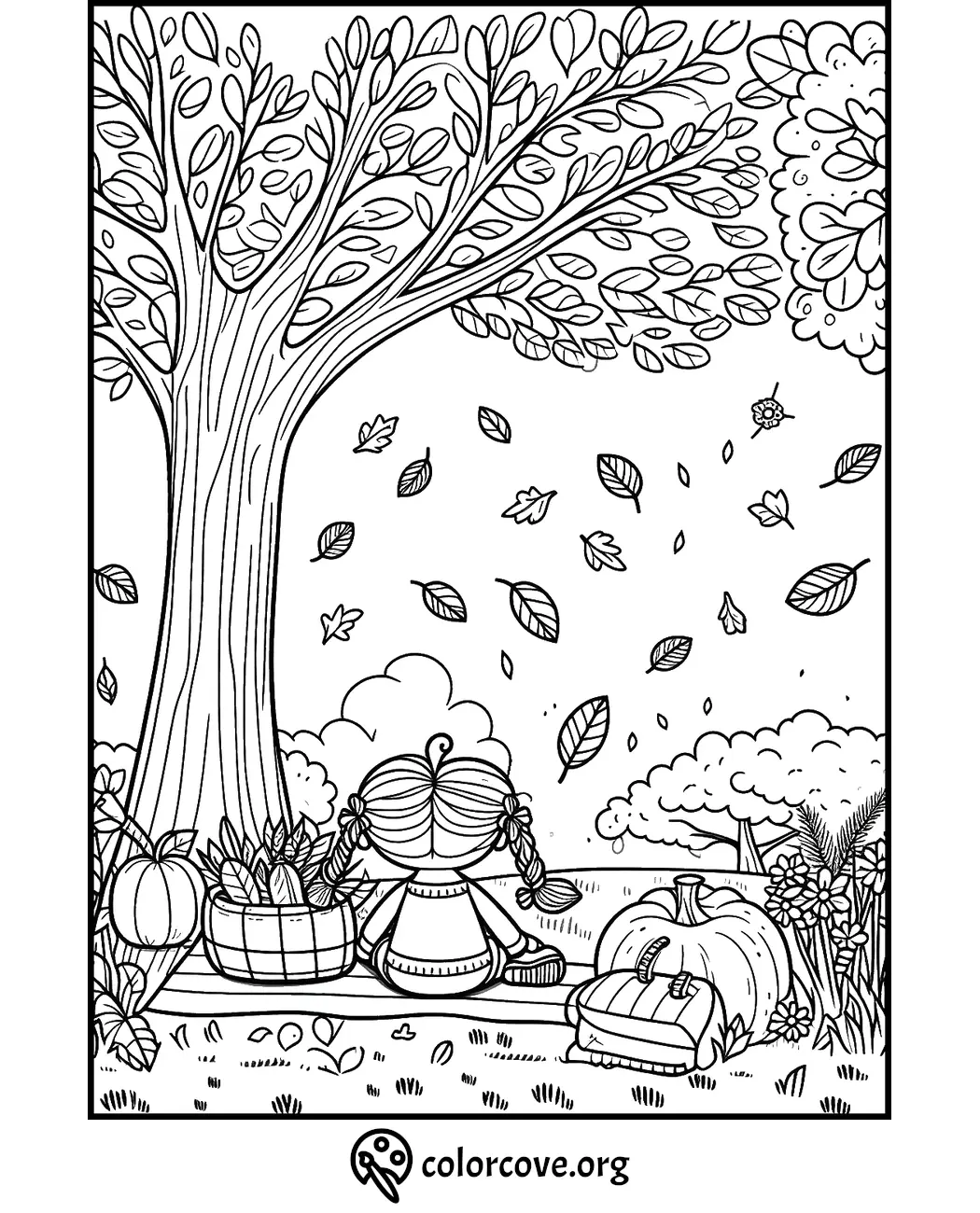 Girl with pigtails sits under a tree, surrounded by fallen leaves, pumpkins, and a basket of crops in this autumn coloring page.