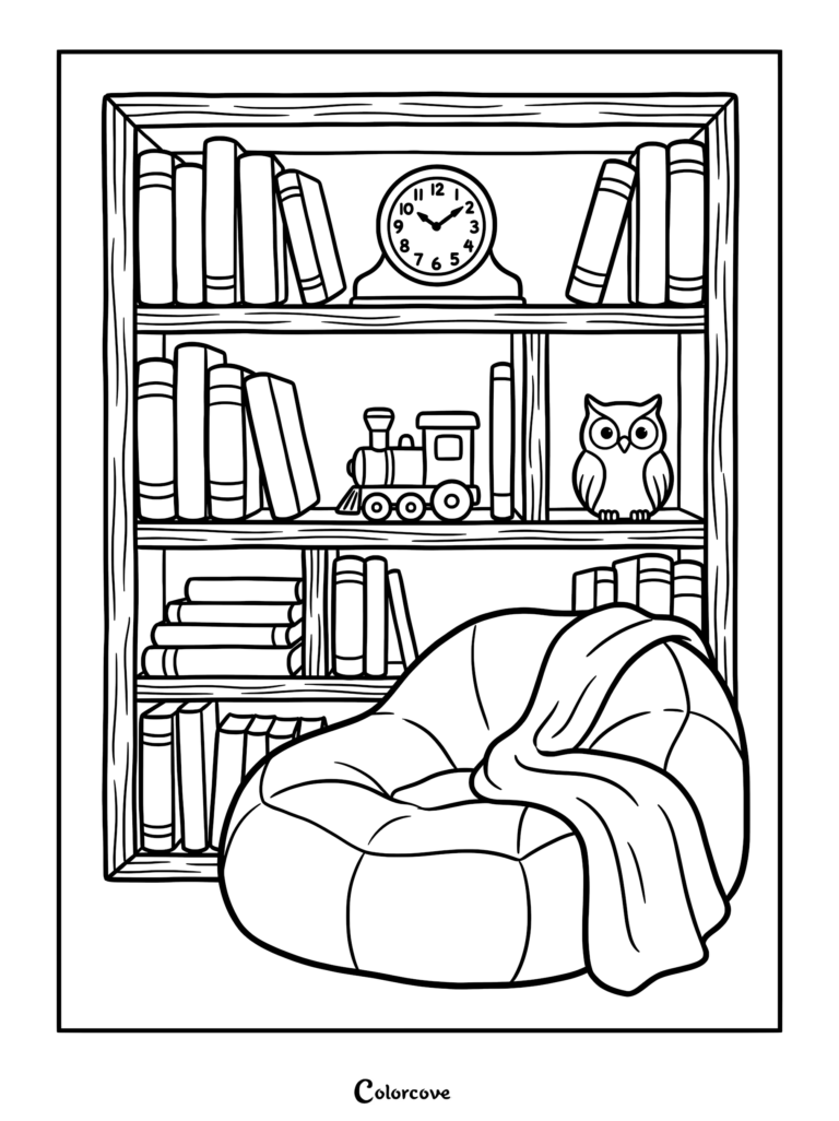 Cozy Fall coloring page featuring a bookshelf with books, a toy train, an owl figurine, and a beanbag chair with a blanket.