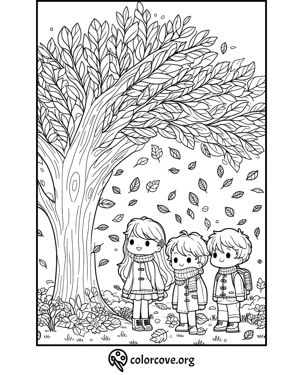 Kids under a large tree with falling leaves, autumn-themed coloring page from colorcove.org. Perfect for children’s activities.