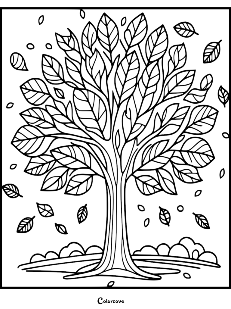 A cozy fall coloring page featuring a large tree with falling leaves and bushes in a serene autumn landscape.