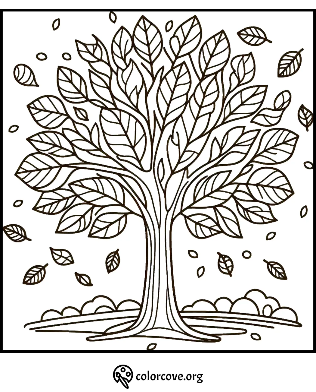 Coloring page of a detailed tree with falling leaves, ideal for kids and adults to enhance creativity and relaxation.