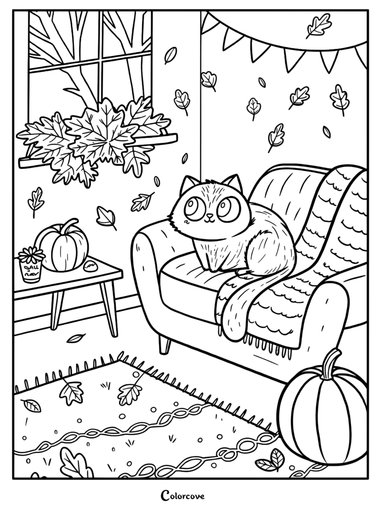 A cute cat sitting on a cozy armchair with a blanket, surrounded by falling autumn leaves, pumpkins, and a window view in this fall coloring page.