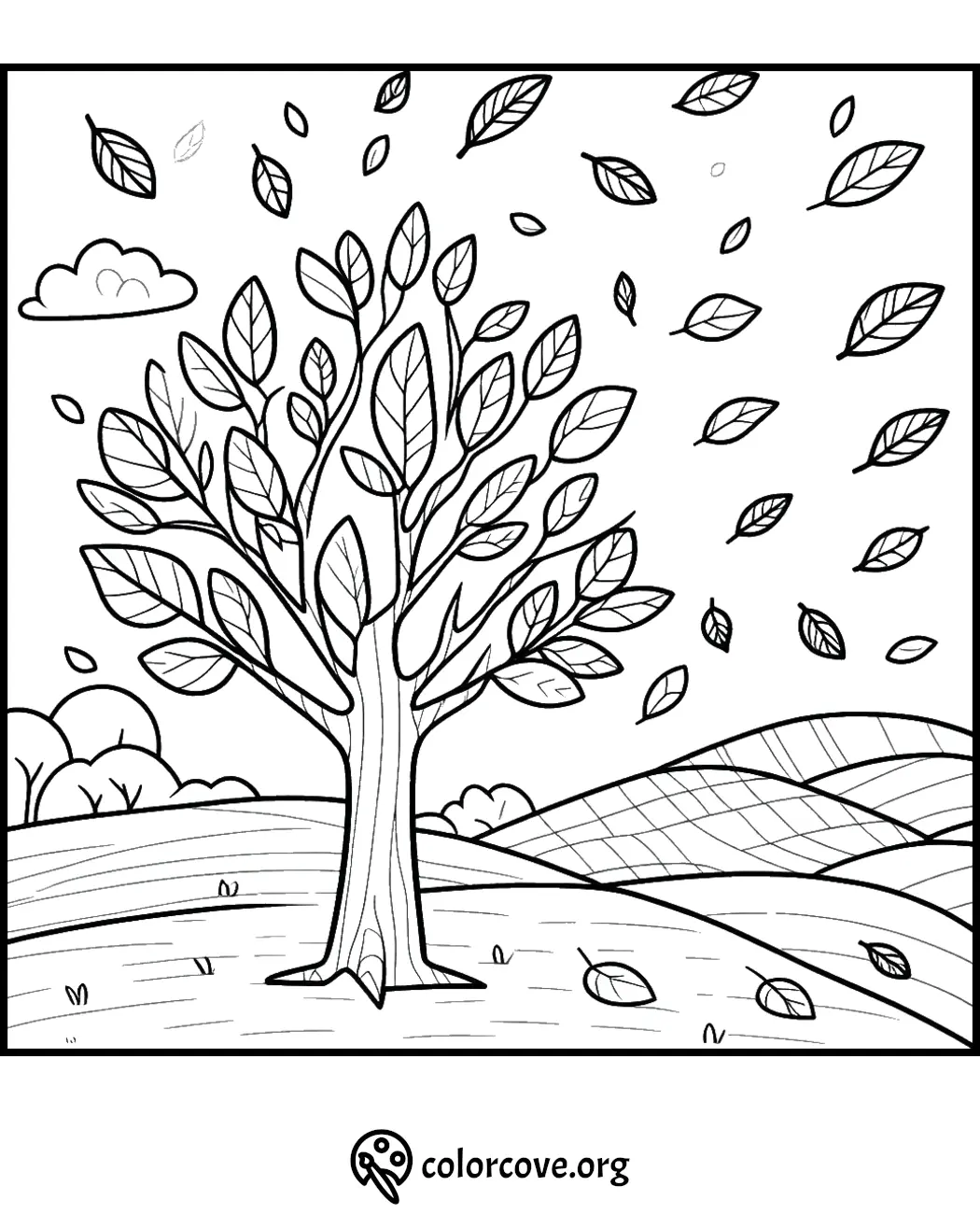 Coloring page of a tree with falling leaves in a scenic landscape with hills and clouds; colorcove.org.