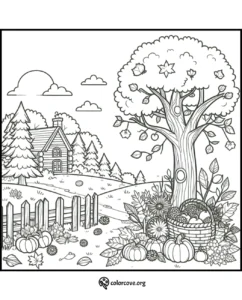 Autumn-themed coloring page featuring a cozy cabin, trees, pumpkins, and a basket of fruits and vegetables.