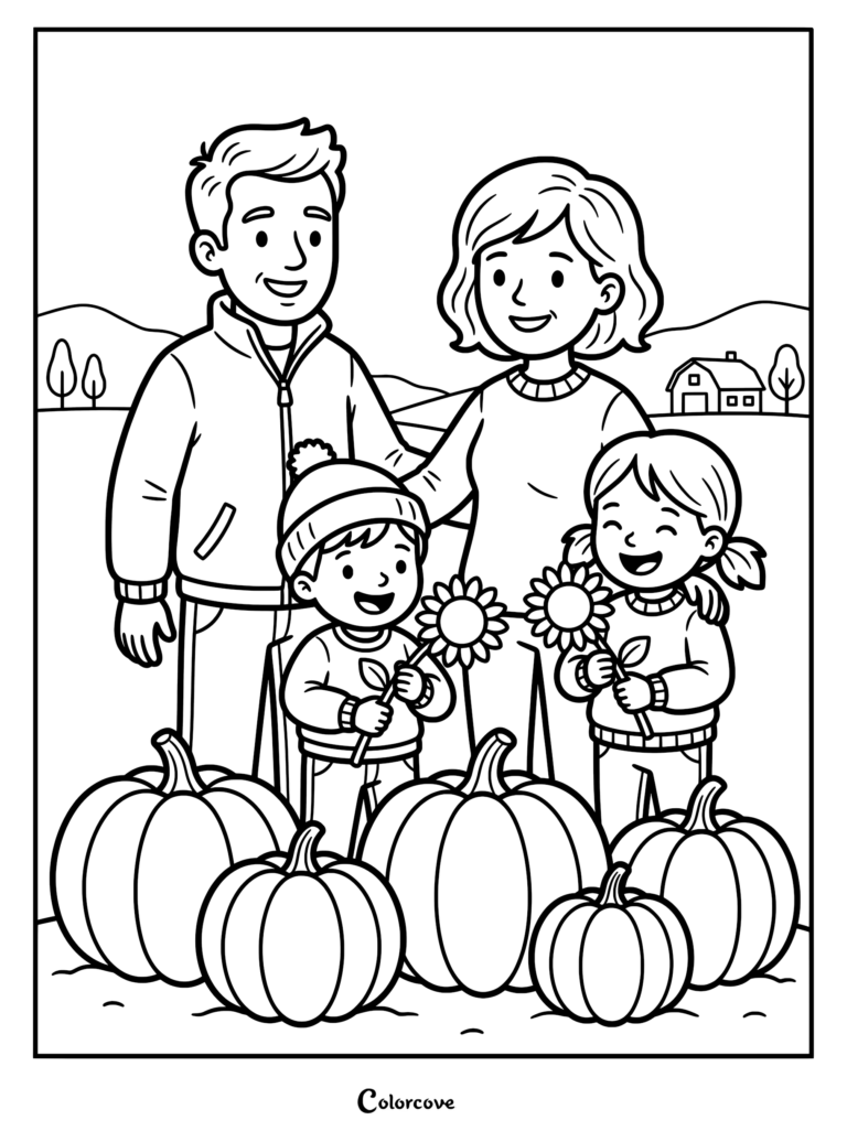 A family of four standing in a pumpkin patch holding sunflowers, a cozy fall coloring page for kids.
