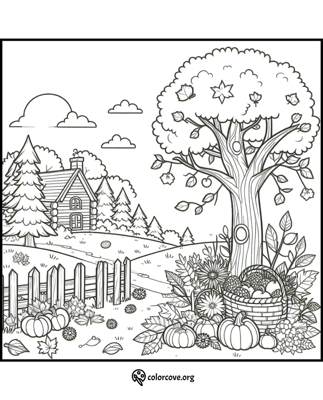 Autumn-themed coloring page featuring a cozy cabin, trees, pumpkins, and a basket of fruits and vegetables.