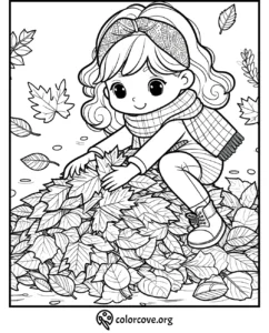 Child playing in a pile of autumn leaves coloring page, kid-friendly fall activity illustration - colorcove.org.