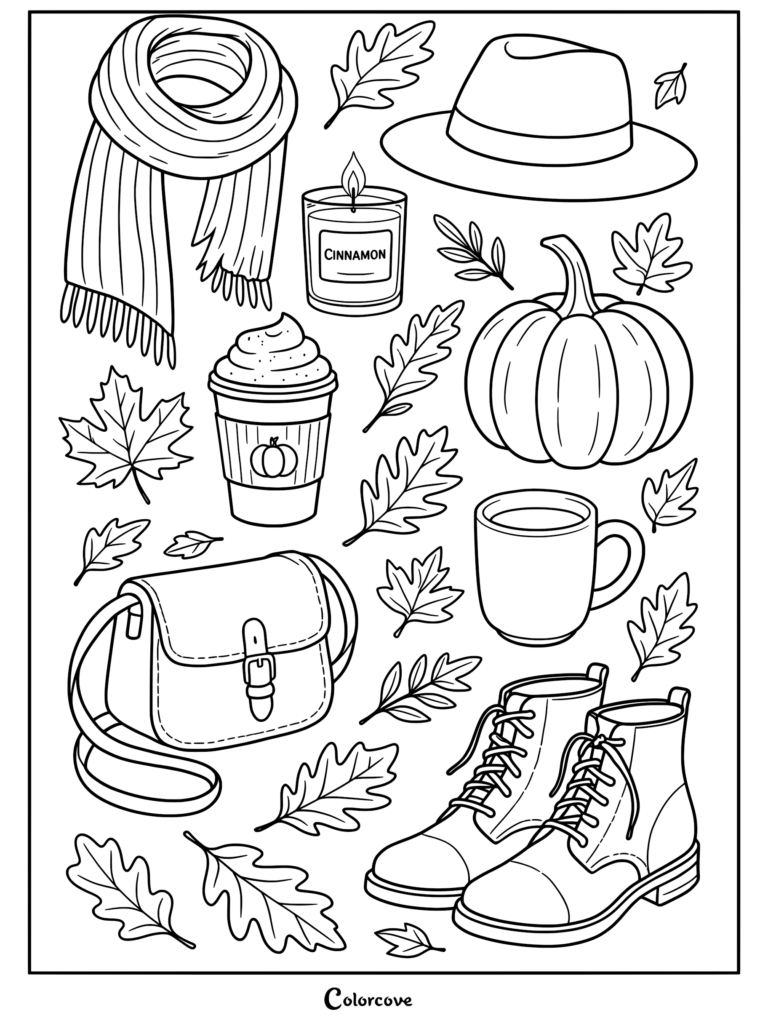 A cozy fall coloring page featuring a scarf, fedora, cinnamon candle, pumpkin spice latte, pumpkin, mug, satchel, and boots surrounded by autumn leaves.