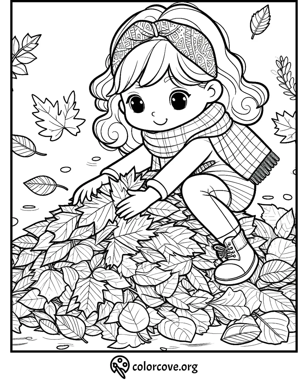 Child playing in a pile of autumn leaves coloring page, kid-friendly fall activity illustration - colorcove.org.