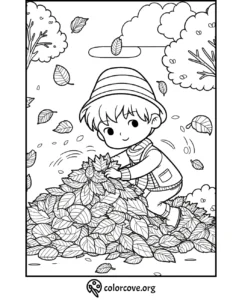 Child playing in a pile of autumn leaves coloring page | Fun fall activity for kids | Free printable from colorcove.org