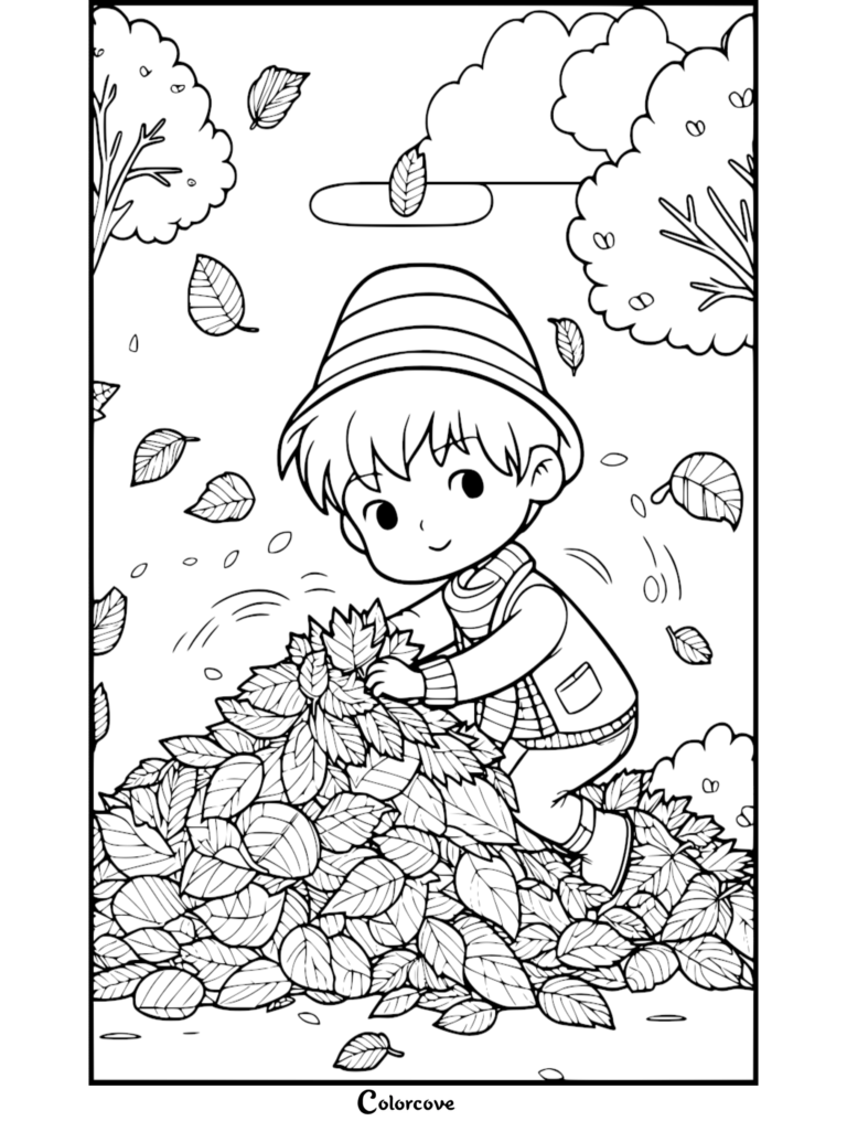 A cute boy wearing a striped beanie and scarf playing in a large pile of fallen leaves, printable coloring page.