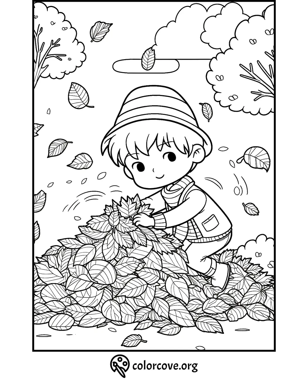 Child playing in a pile of autumn leaves coloring page | Fun fall activity for kids | Free printable from colorcove.org