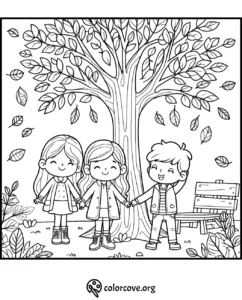 Three kids holding hands under a tree in a park, with leaves falling around them. Coloring page from colorcove.org.