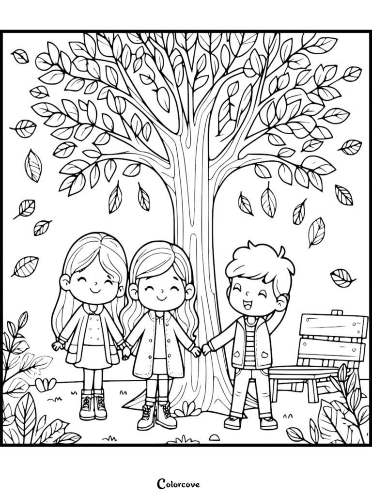 Three children holding hands under a large tree with falling leaves in a cozy fall coloring page.