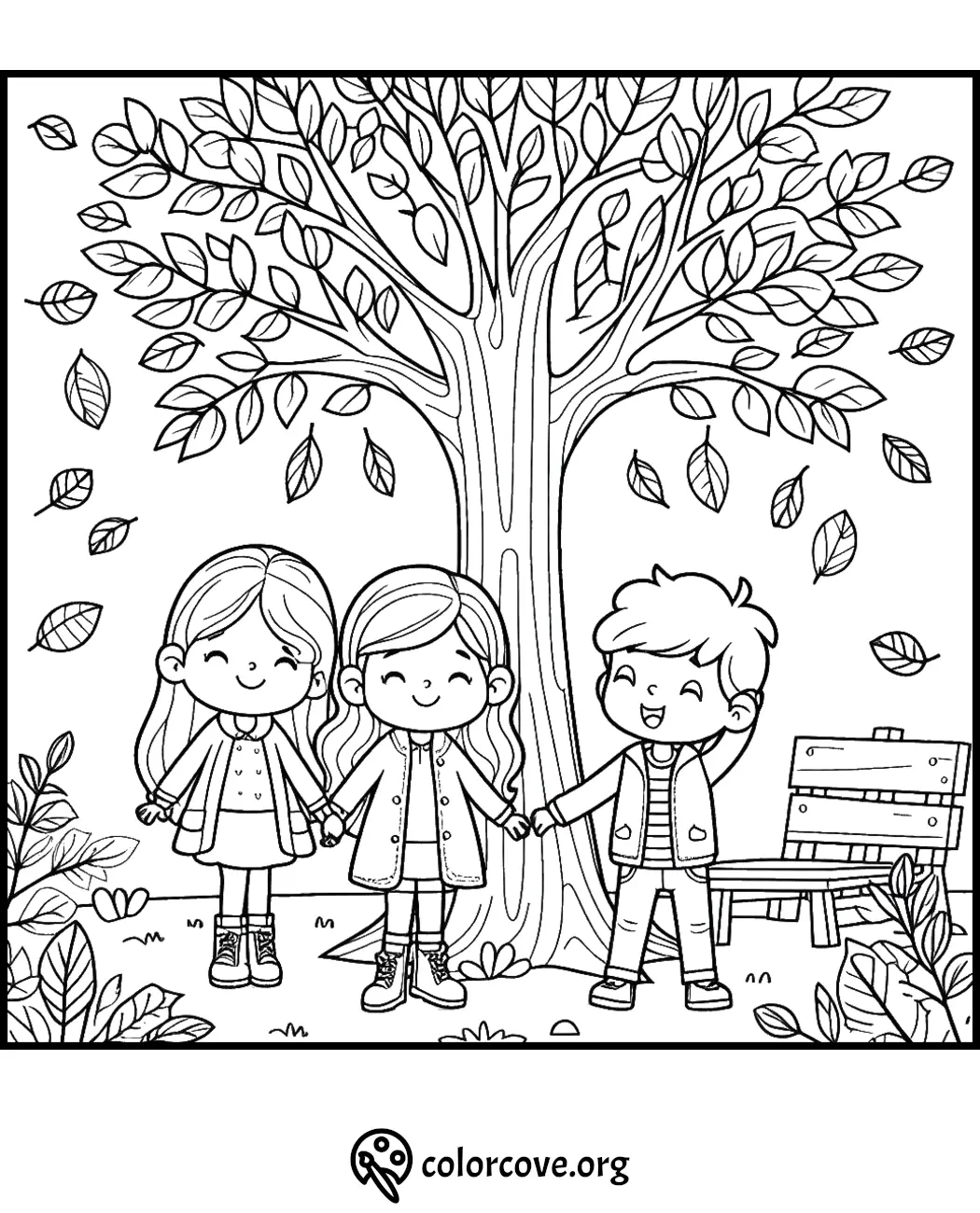 Three kids holding hands under a tree in a park, with leaves falling around them. Coloring page from colorcove.org.