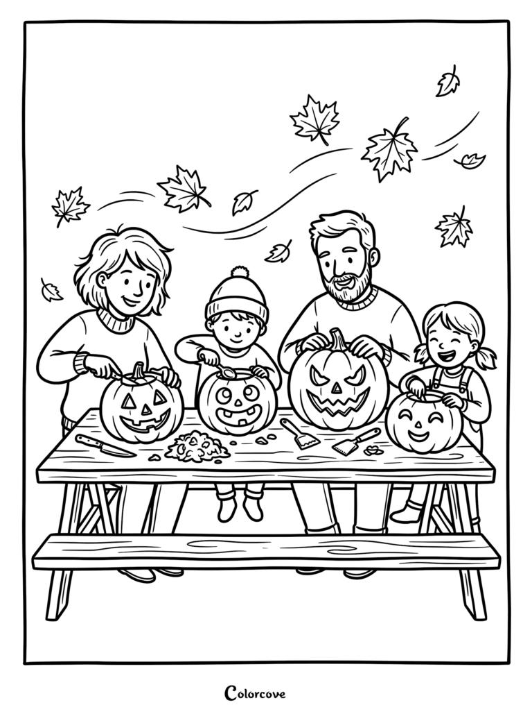 A family of four carving jack-o'-lanterns at a wooden table with falling autumn leaves in this printable fall coloring page.