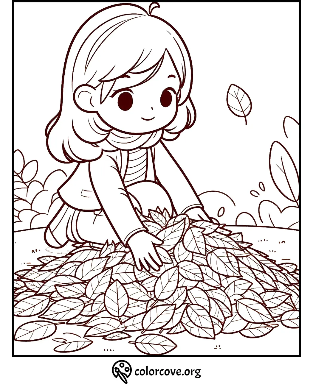 A cute coloring page of a child playing with a pile of leaves in autumn. Perfect for kids' activities and fall-themed fun.