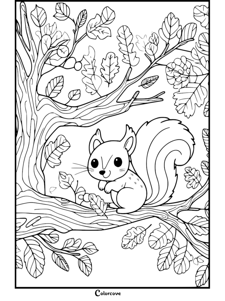 cute squirrel sits on a branch among autumn leaves.