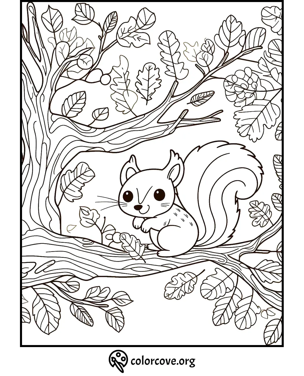 Cute squirrel on a tree branch coloring page with leaves and acorns, perfect for kids' coloring activities.