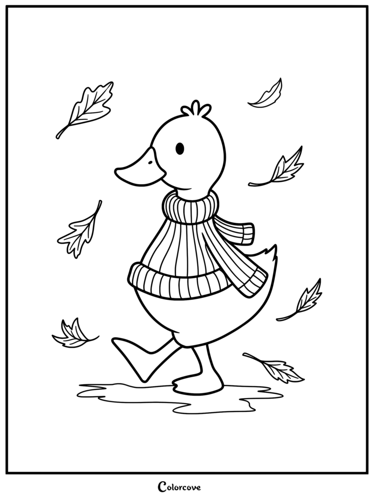 A cute duck wearing a striped sweater walking through falling autumn leaves in this free printable coloring page.