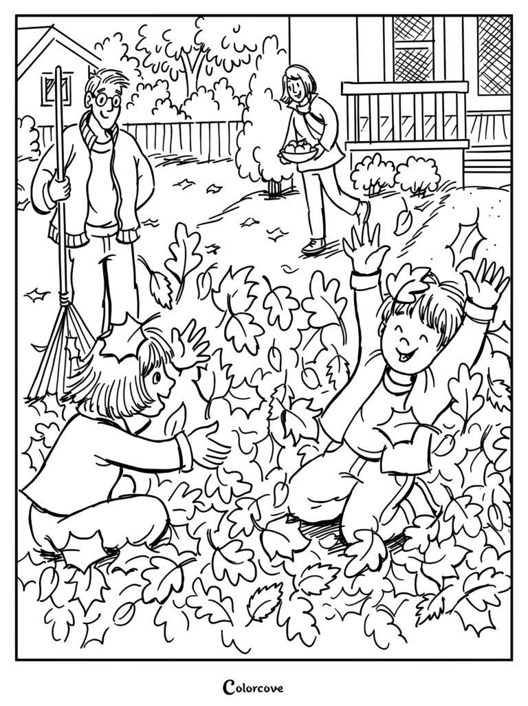 A family enjoying a cozy fall day, with a father raking leaves while two children play in a pile of leaves and a mother carries a bowl of apples in this printable coloring page.