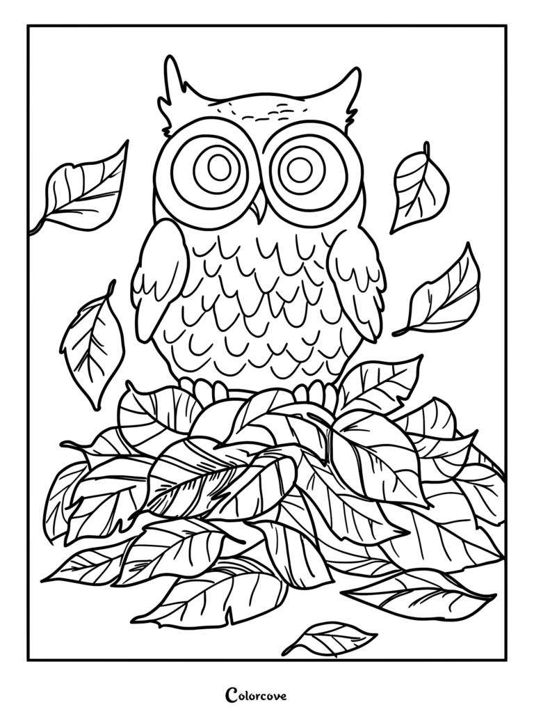 A cute owl perched on a pile of autumn leaves in this free printable fall coloring page.