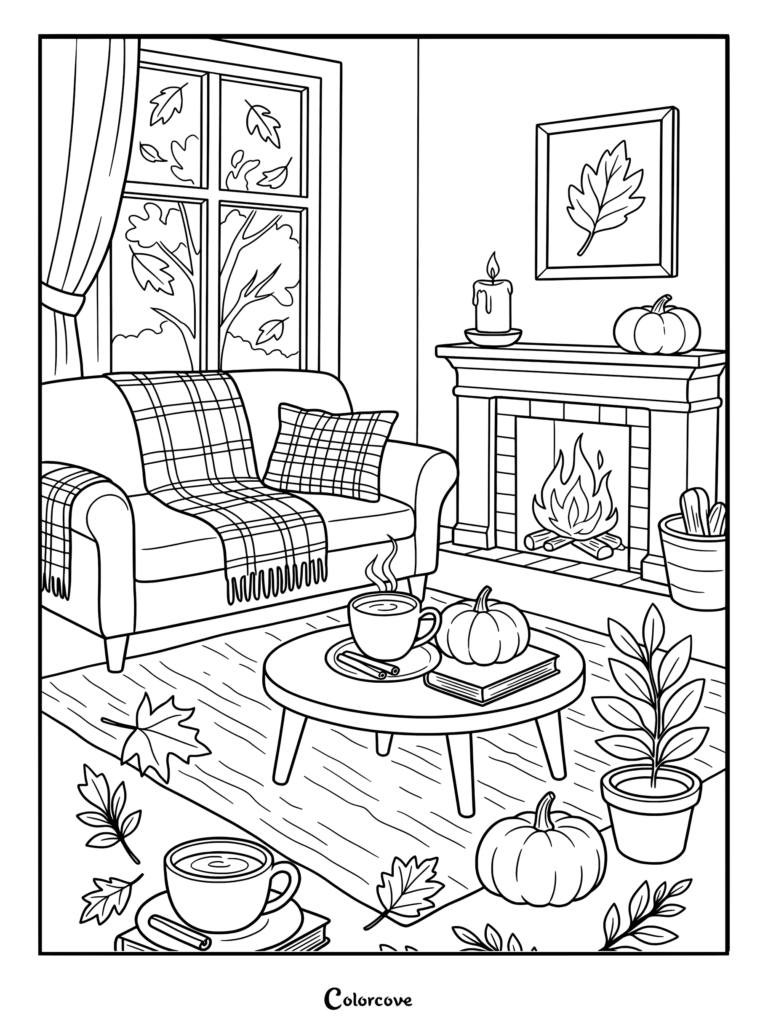Cozy fall living room coloring page featuring a fireplace, plaid sofa, pumpkins, and steaming mugs of tea.