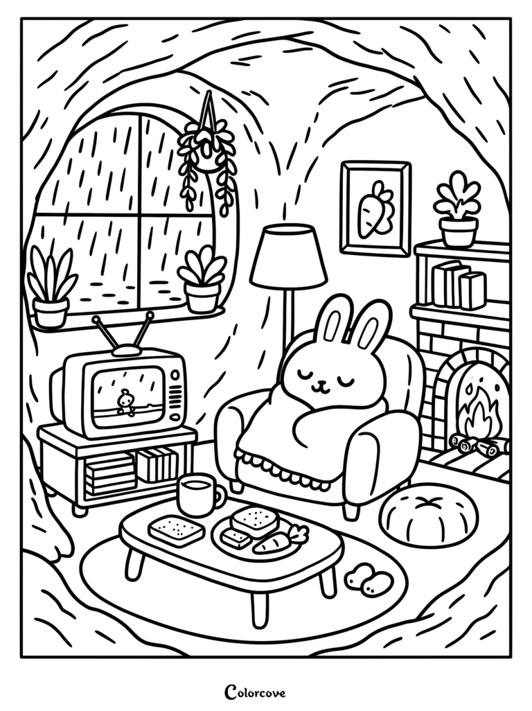 A cozy fall coloring page featuring a cute bunny wrapped in a blanket, sitting in an armchair by a fireplace while watching TV on a rainy day.