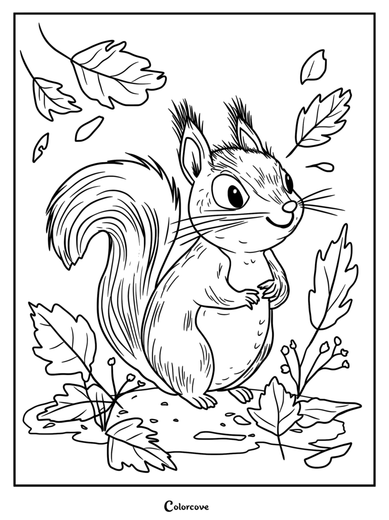 A cute squirrel standing among falling autumn leaves in this free printable coloring page.