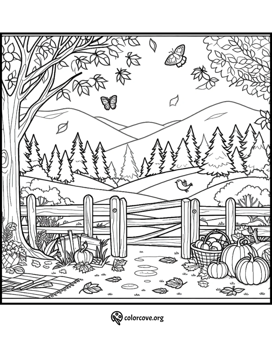 Autumn coloring page with pumpkins, apples, butterflies, trees, a bird, and a wooden fence against a mountainous background.