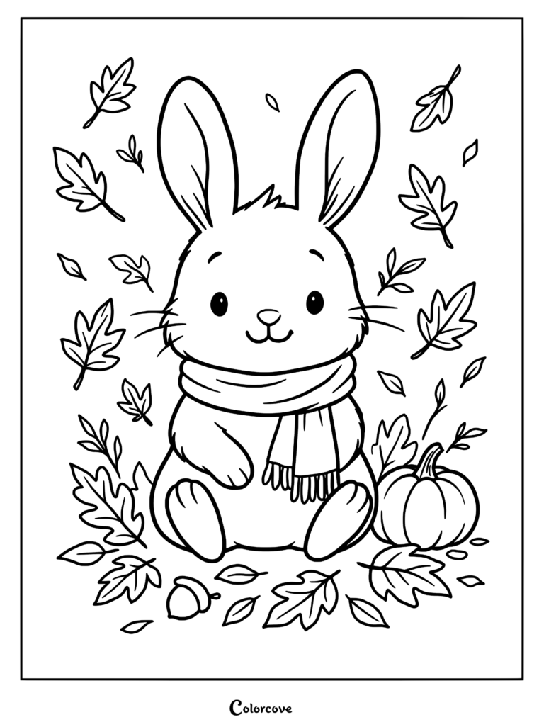 A cute bunny wearing a scarf surrounded by autumn leaves, an acorn, and a pumpkin in this printable fall coloring page.