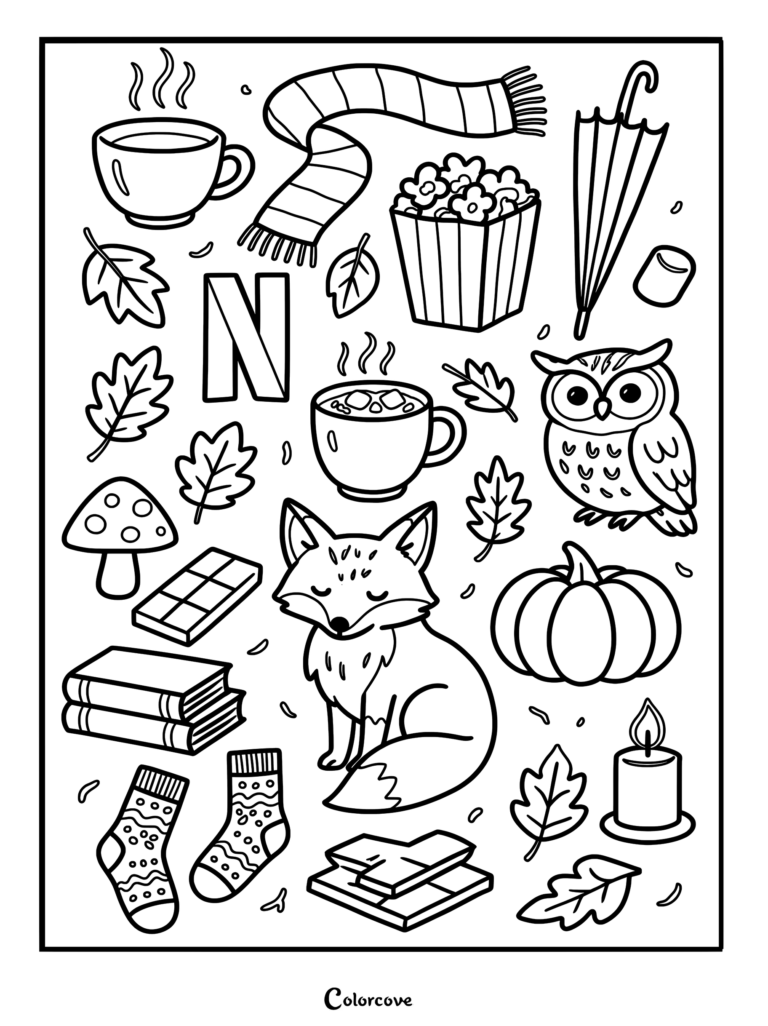 fox and owl surrounded by cozy autumn themed items.