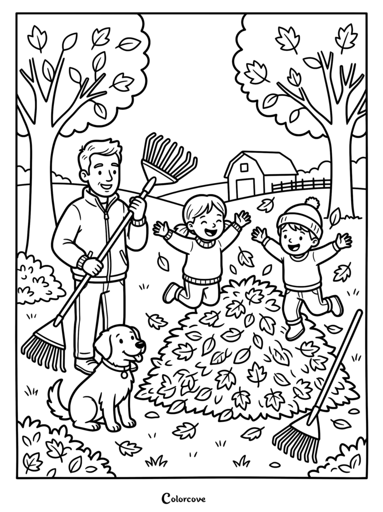 A father and two children jumping into a large pile of autumn leaves with their dog in a yard, featured in a free printable coloring page.