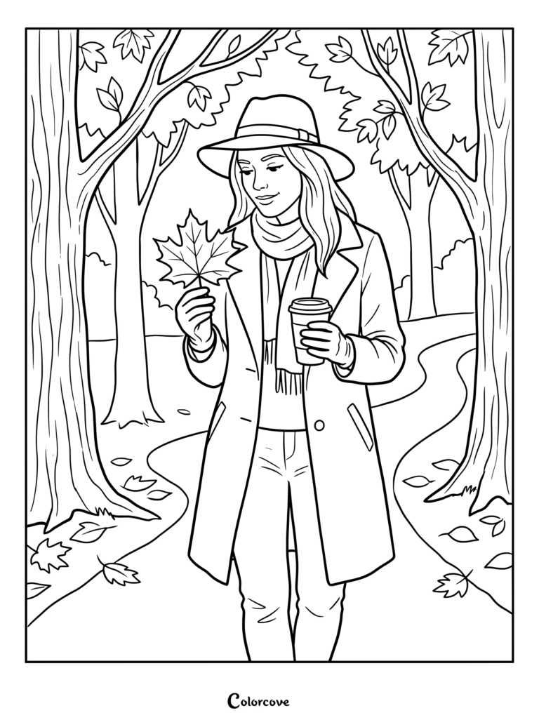 Woman walking through the woods holding a leaf and coffee mug for a Fall coloring page.