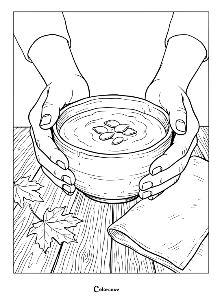A person holding a warm bowl of soup with pumpkin seeds on a wooden table with leaves, Fall coloring page.