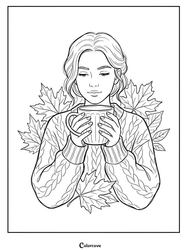 Fall coloring page featuring a woman in a cable-knit sweater holding a hot mug surrounded by maple leaves.