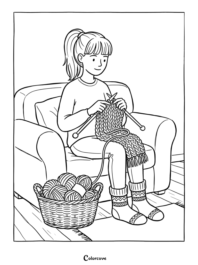 Girl knitting a scarf in an armchair surrounded by yarn balls for a cozy Fall coloring page
