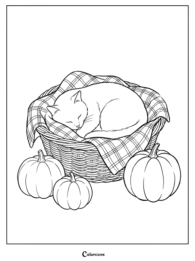 Fall coloring page of a cat sleeping inside a plaid blanket lined basket surrounded by pumpkins.