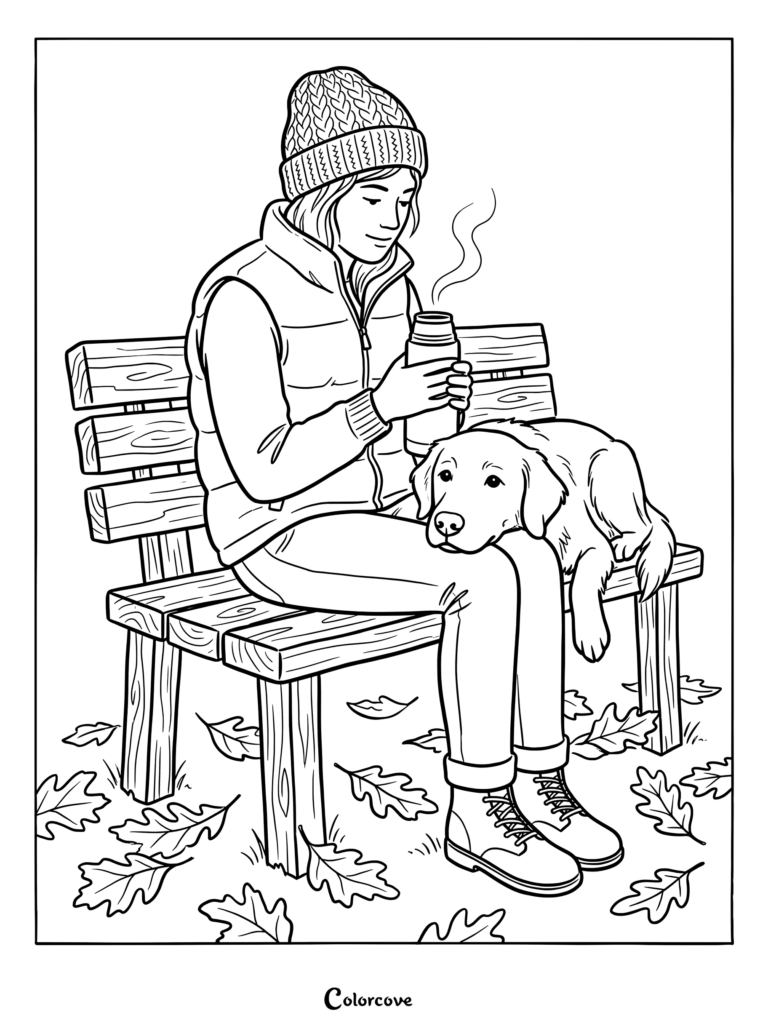 Fall coloring page of a woman in a beanie and vest holding a steaming thermos on a park bench with a dog resting on her lap