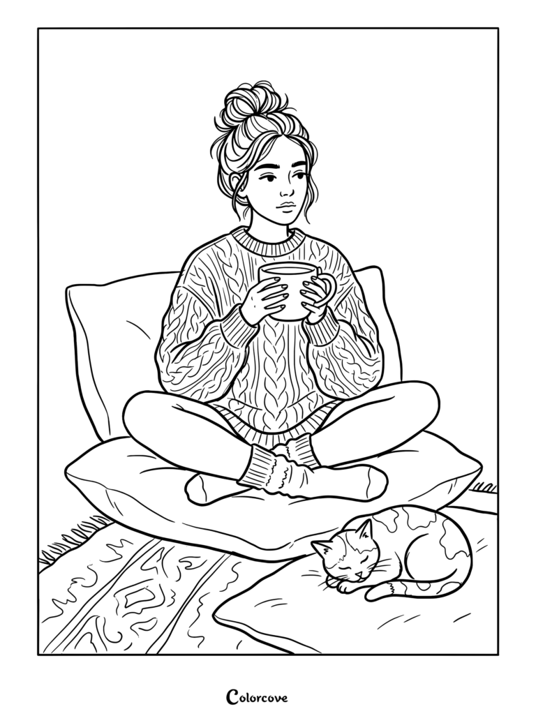 Fall coloring page of a woman in a chunky knit sweater holding a mug while sitting on a cushion with a sleeping cat.
